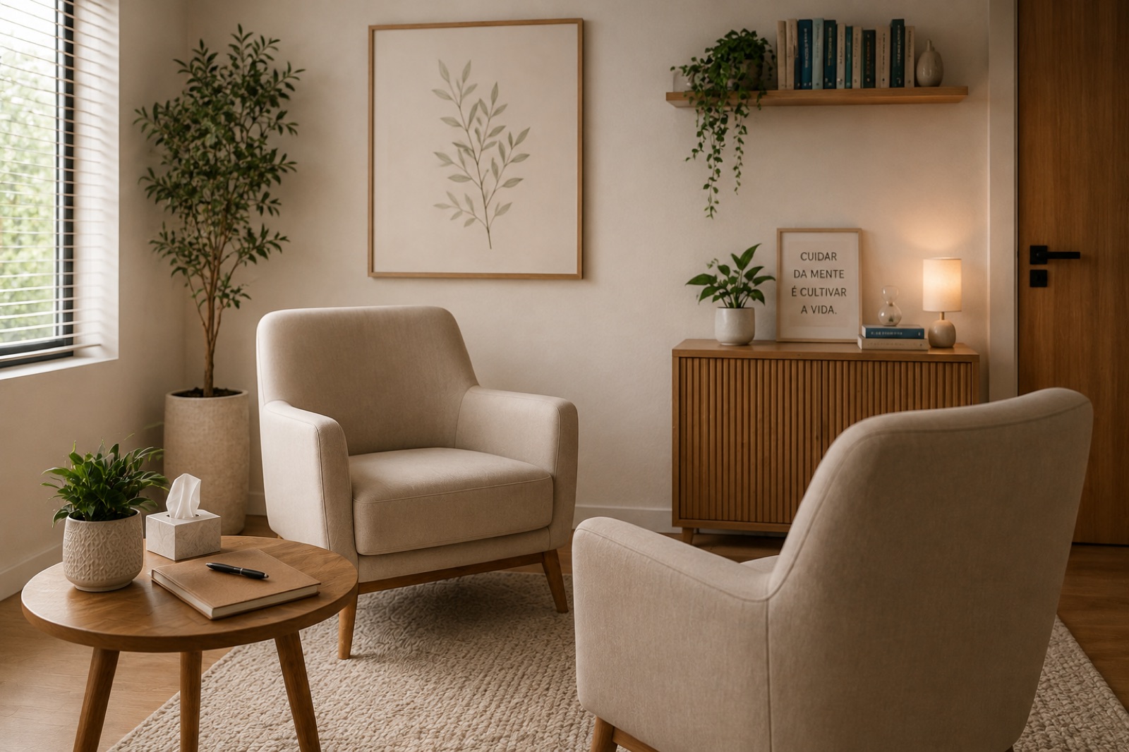 Consultório com luz natural entrando pela janela, Bíblia aberta sobre a mesa ao lado de um caderno de anotações